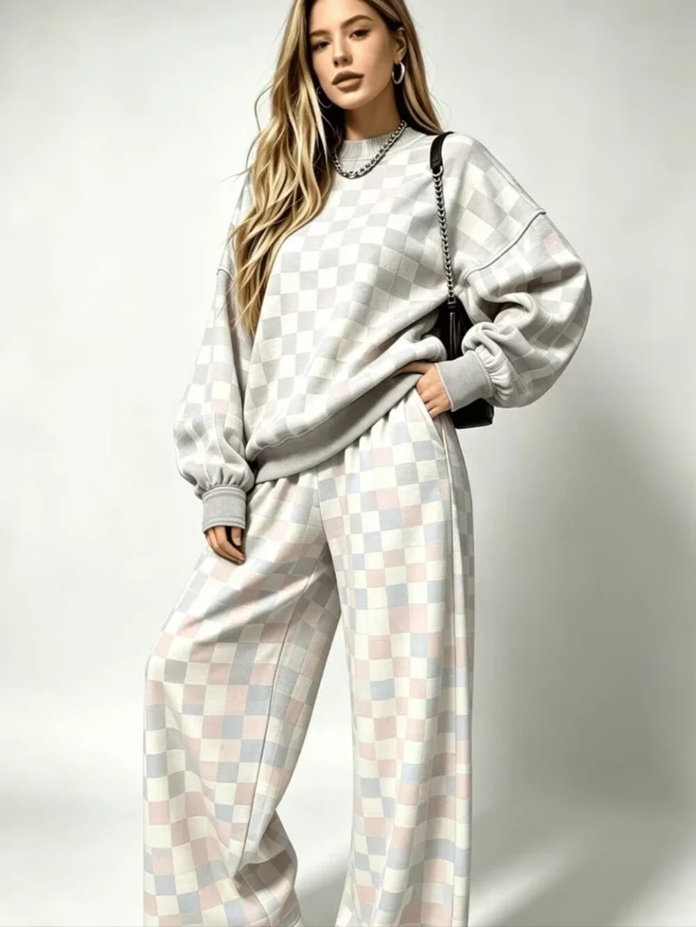 Pink And Gray Checkered Wide Leg Sweatpants and Sweatshirt Set